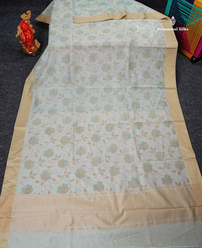 Kota Cotton - Green White Fancy Saree Along With Contrast Cream Sandal Plain Border