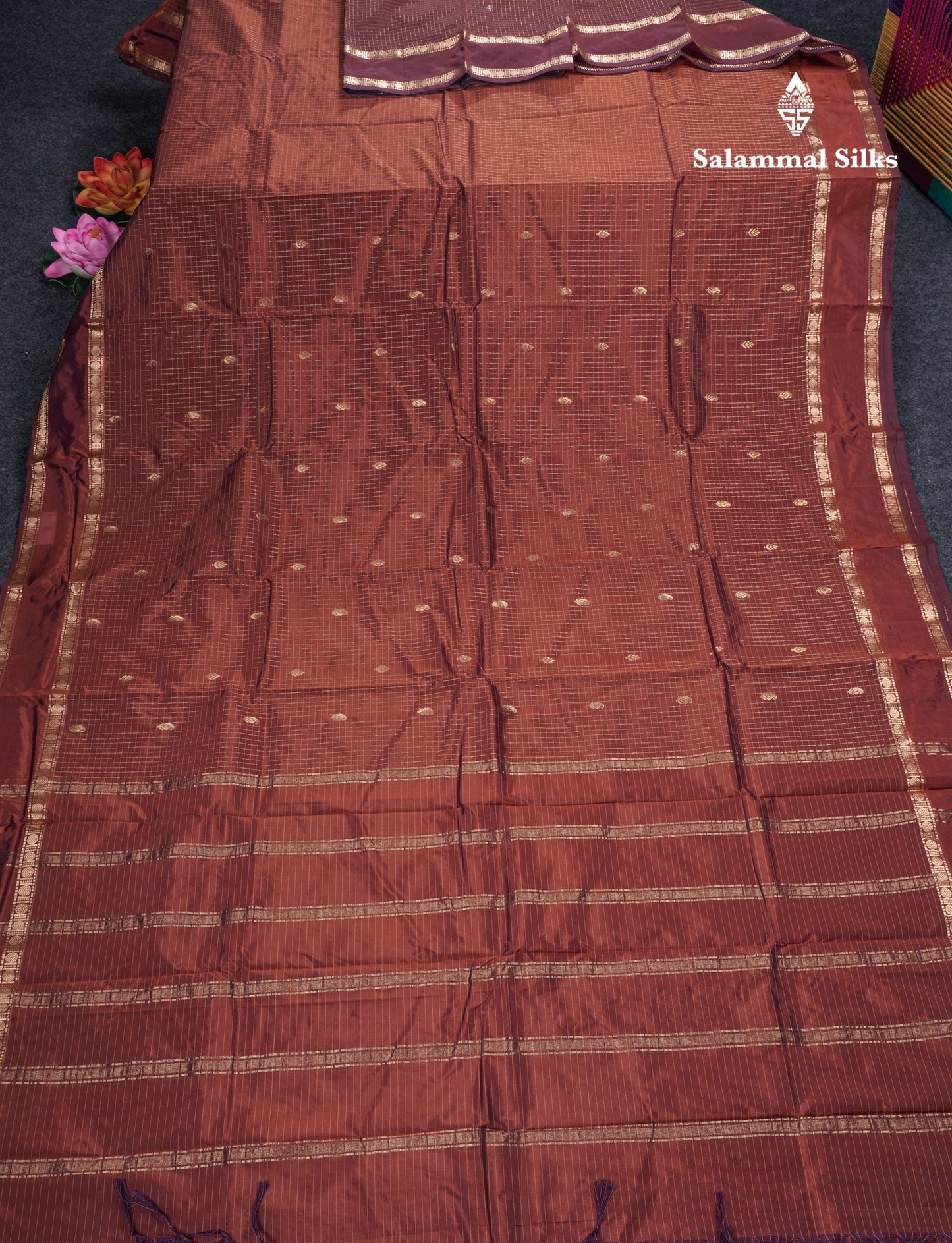 Light Weight Semi Silk Saree - Brown Checks With Butta With Traditional Rettapet Border