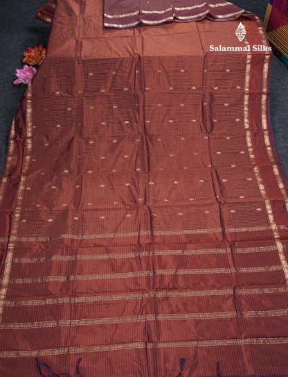 Light Weight Semi Silk Saree - Brown Checks With Butta With Traditional Rettapet Border