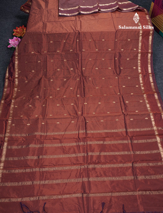 Light Weight Semi Silk Saree - Brown Checks With Butta With Traditional Rettapet Border