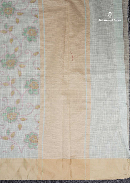 Kota Cotton - Green White Fancy Saree Along With Contrast Cream Sandal Plain Border