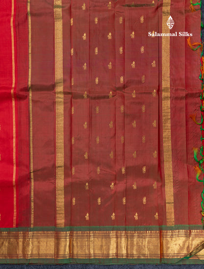 Chilly Red Pure Kanjivaram Silk Saree With Contrast Bottle Green One Side Traditional Border