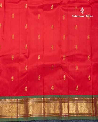 Chilly Red Pure Kanjivaram Silk Saree With Contrast Bottle Green One Side Traditional Border