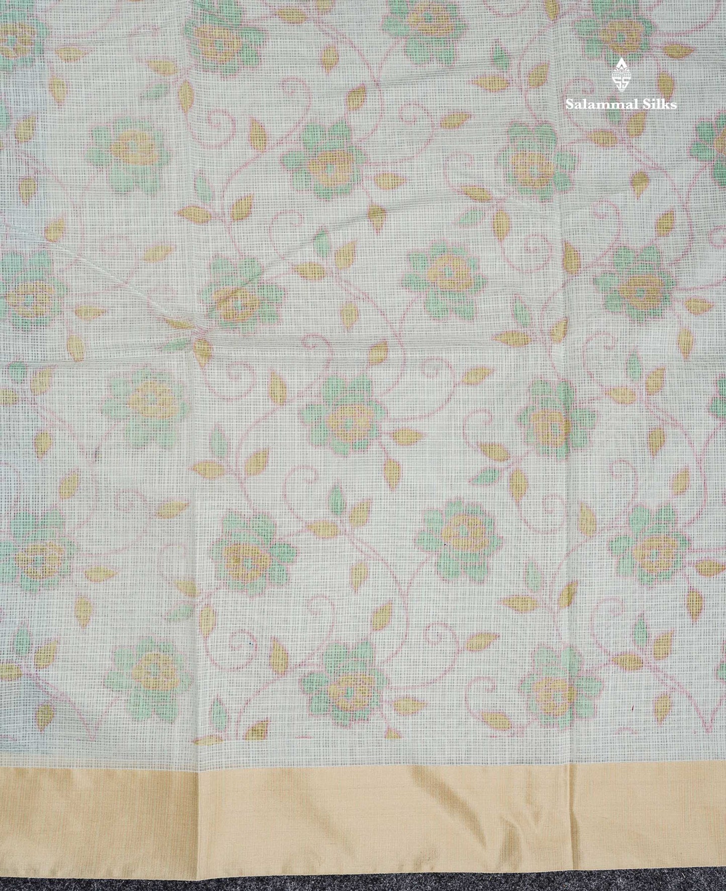 Kota Cotton - Green White Fancy Saree Along With Contrast Cream Sandal Plain Border