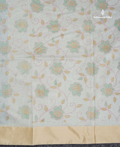 Kota Cotton - Green White Fancy Saree Along With Contrast Cream Sandal Plain Border