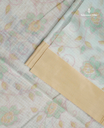 Kota Cotton - Green White Fancy Saree Along With Contrast Cream Sandal Plain Border