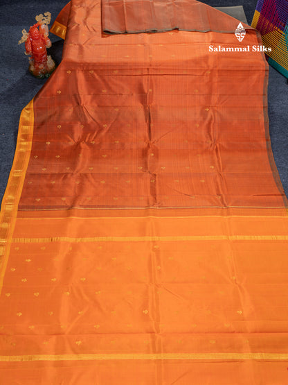 Rust Orange Pure Kanjivaram Silk Saree With Contrast Yellow One Side Traditional Border