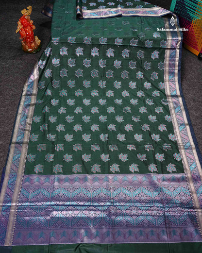 Semi Raw Silk Saree - Bottle Green Leaf Design Along With Fancy Border