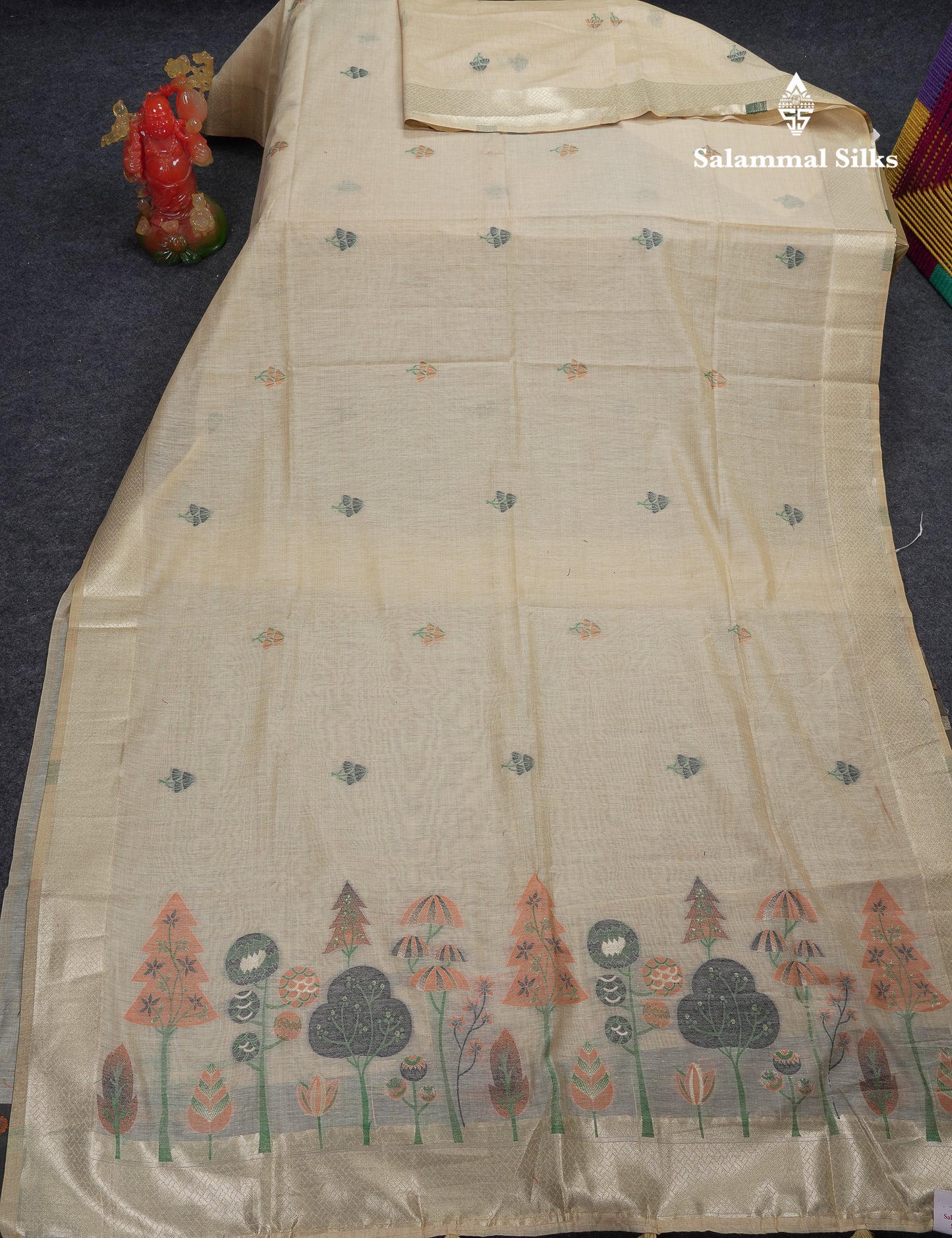 Beautiful Cream Sandal Muga Cotton Saree With Contrast Black Blouse