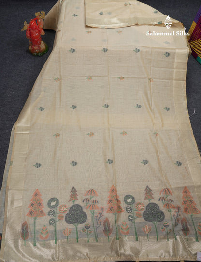 Beautiful Cream Sandal Muga Cotton Saree With Contrast Black Blouse