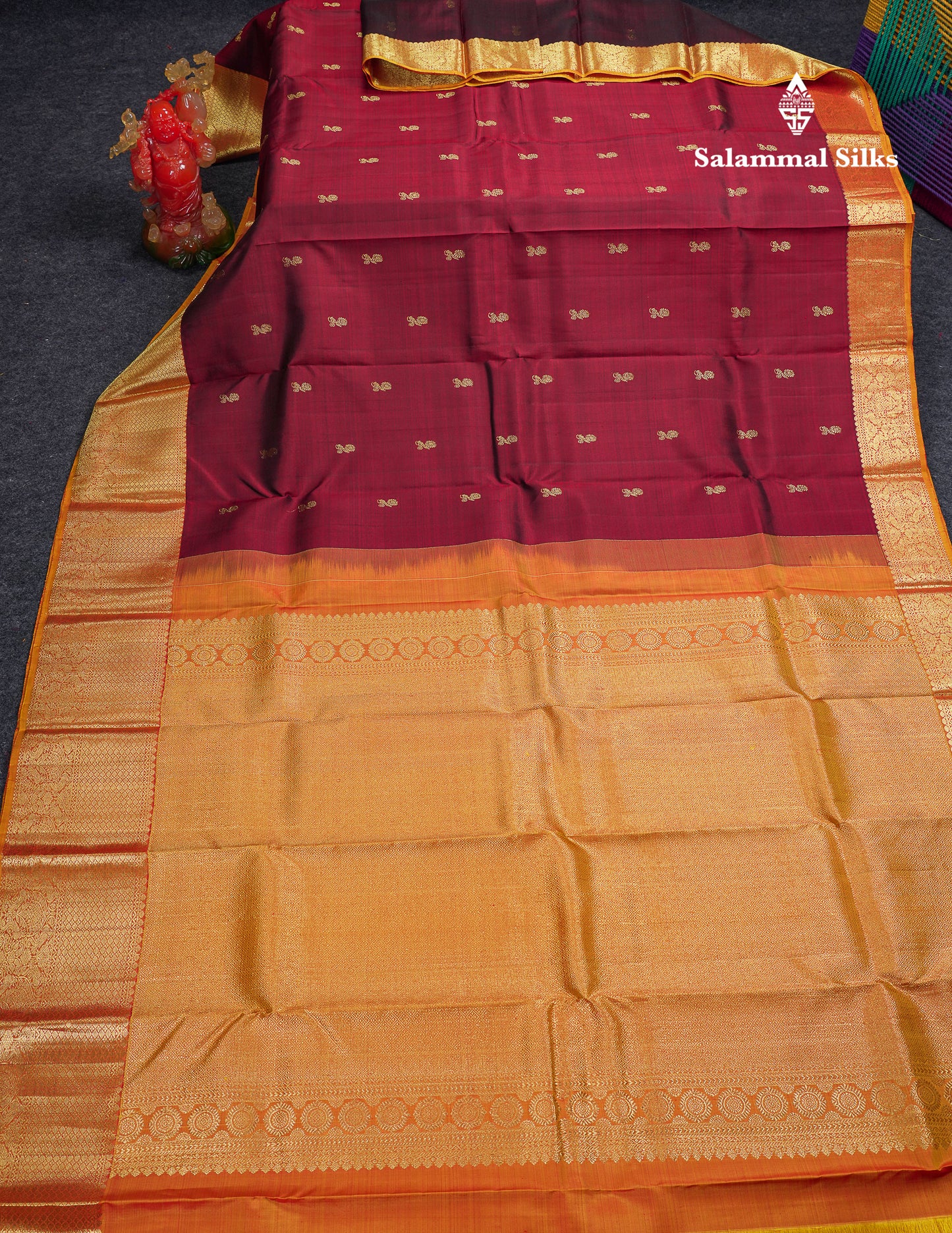 Beautiful Dark Maroon Pure Kanjivaram Silk Saree With Contrast Mustard Yellow Traditional Evening Morning Border