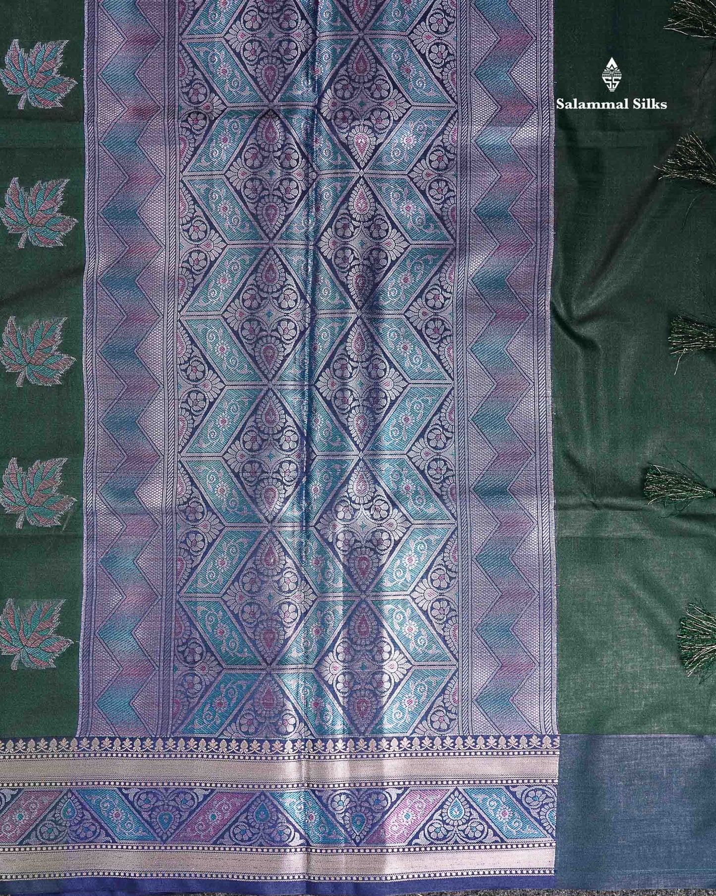 Semi Raw Silk Saree - Bottle Green Leaf Design Along With Fancy Border