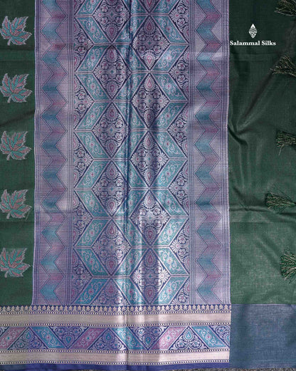 Semi Raw Silk Saree - Bottle Green Leaf Design Along With Fancy Border