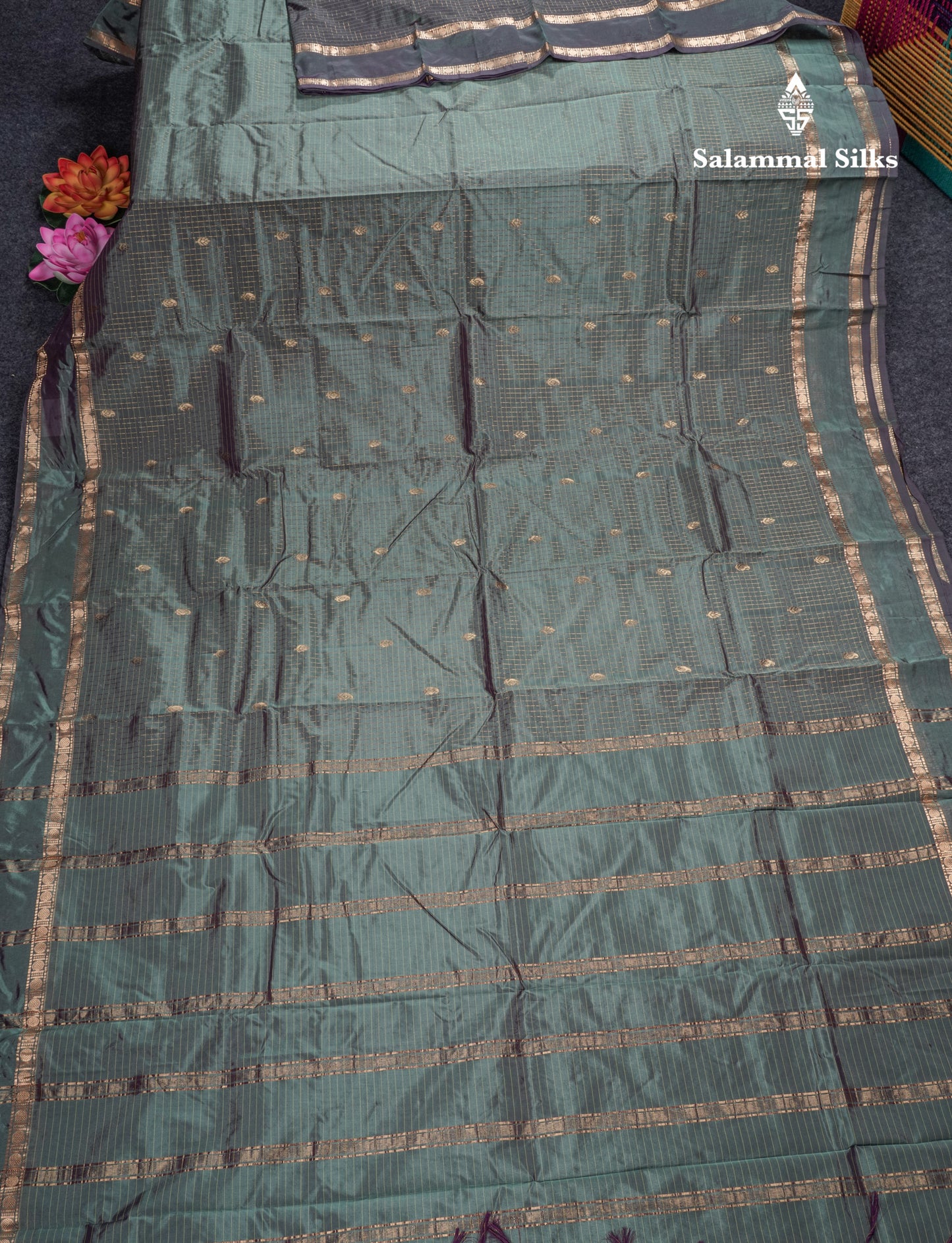 Light Weight Semi Silk Saree - Brown Checks With Butta With Traditional Rettapet Border