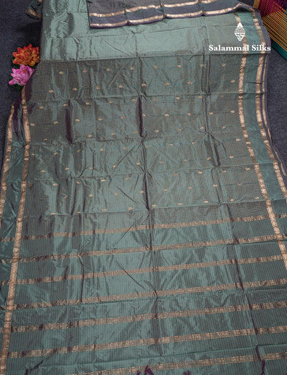 Light Weight Semi Silk Saree - Brown Checks With Butta With Traditional Rettapet Border