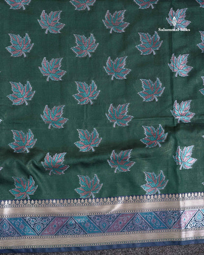Semi Raw Silk Saree - Bottle Green Leaf Design Along With Fancy Border