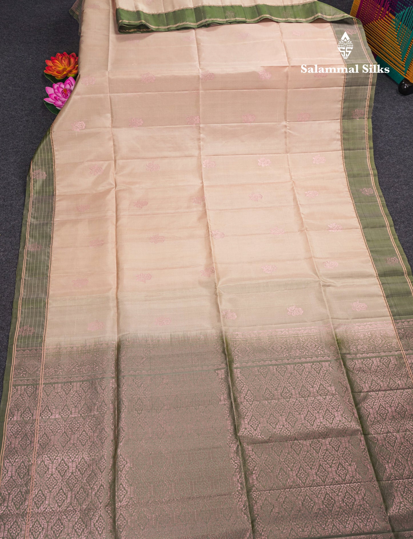 Beautiful Cream Sandal Pure Kanjivaram Soft Silk Saree With Contrast Army Green Border