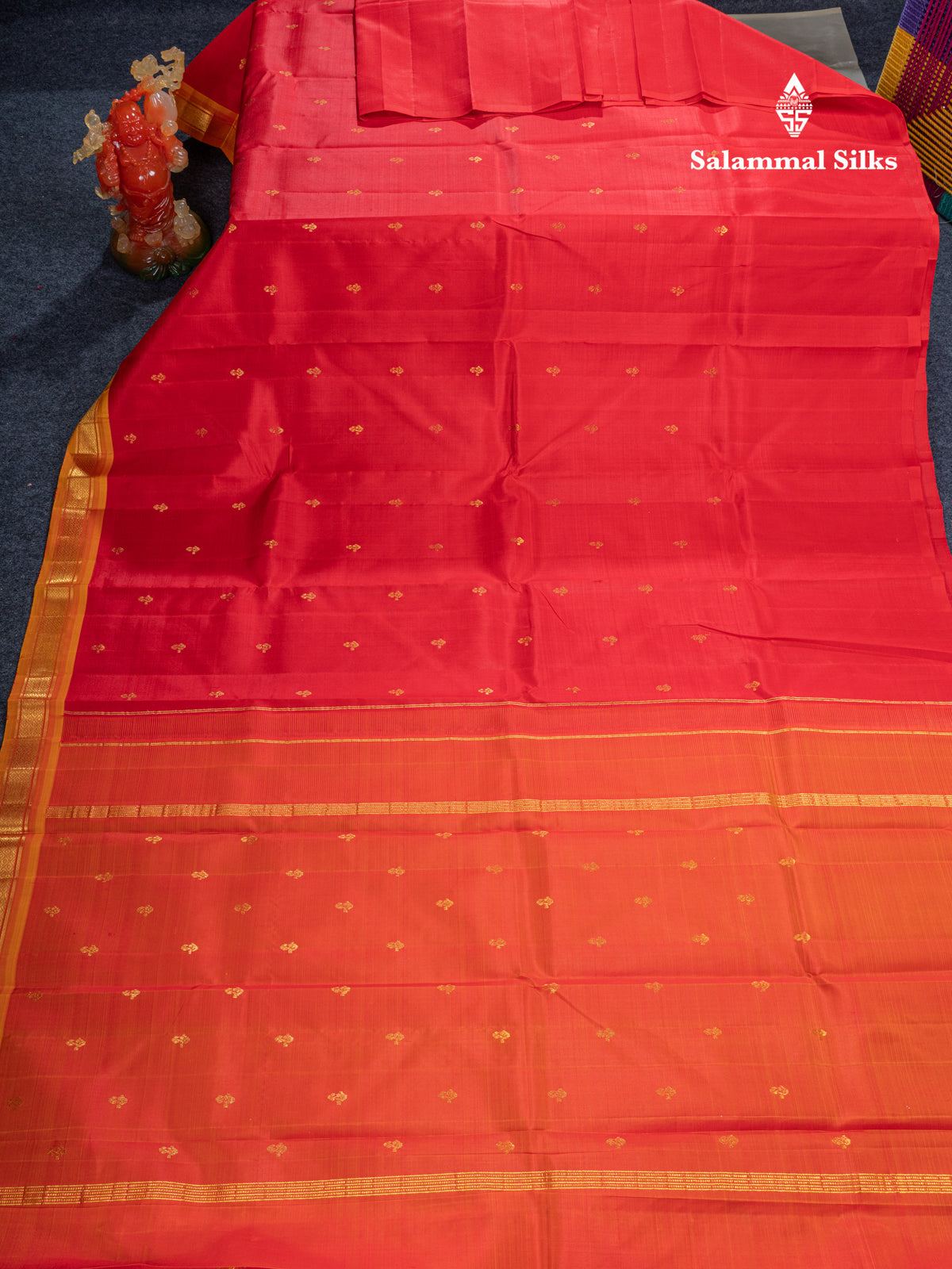 Chilly Red Pure Kanjivaram Silk Saree With Contrast Mango Yellow One Side Traditional Border