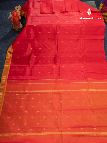 Chilly Red Pure Kanjivaram Silk Saree With Contrast Mango Yellow One Side Traditional Border