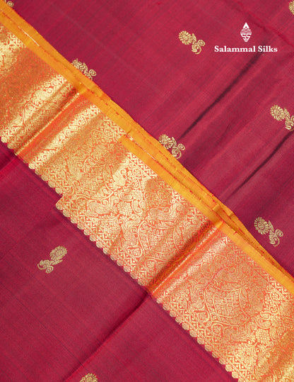 Beautiful Dark Maroon Pure Kanjivaram Silk Saree With Contrast Mustard Yellow Traditional Evening Morning Border