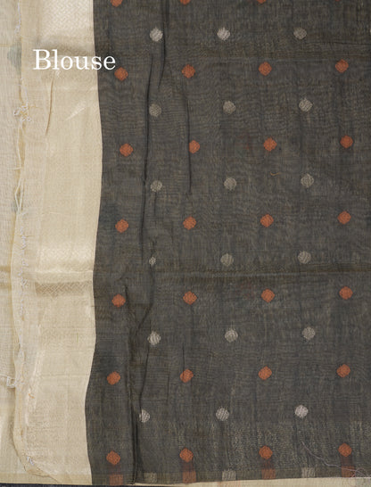 Beautiful Cream Sandal Muga Cotton Saree With Contrast Black Blouse