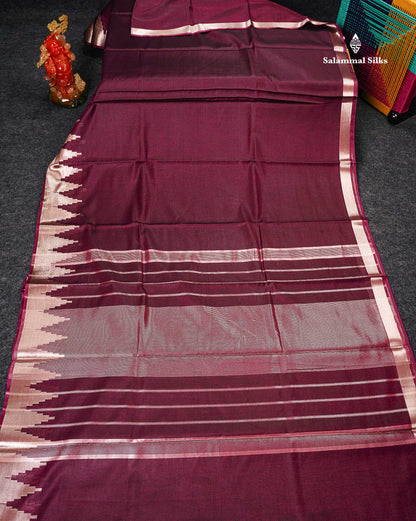 Cotton Mix - Maroon Plain Fancy Saree Along With Traditional Temple Border