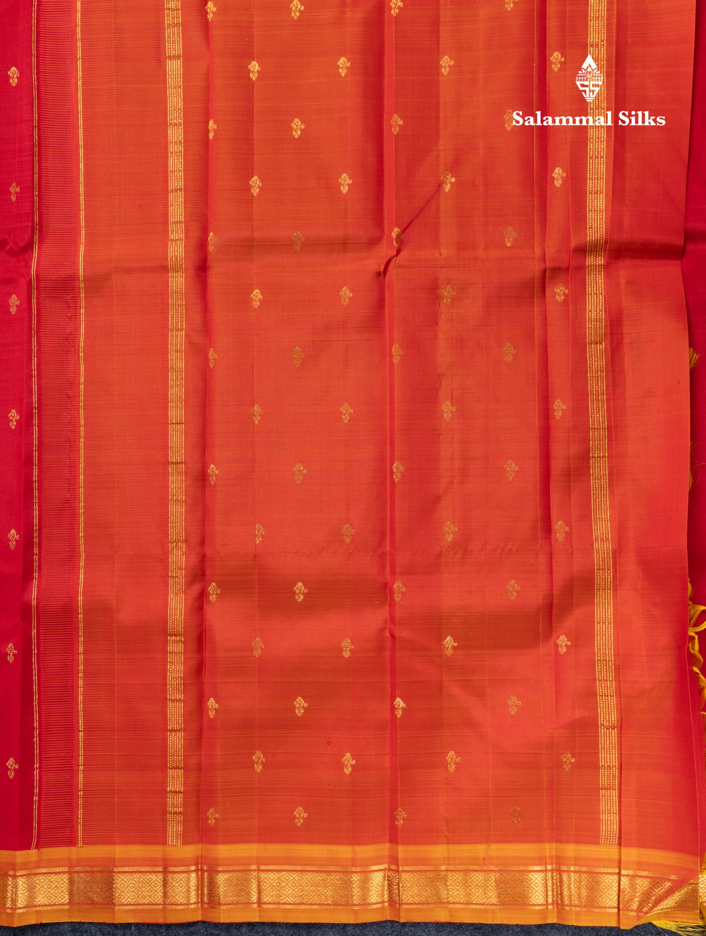 Chilly Red Pure Kanjivaram Silk Saree With Contrast Mango Yellow One Side Traditional Border