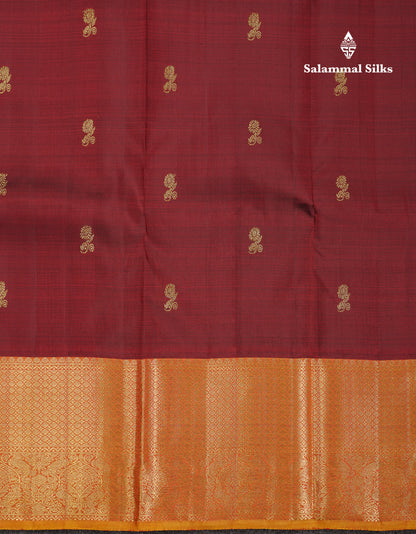 Beautiful Dark Maroon Pure Kanjivaram Silk Saree With Contrast Mustard Yellow Traditional Evening Morning Border