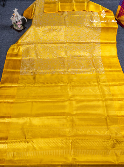 Gold Tissue Bridal Pure Kanjivaram Silk Saree With Contrast Golden Yellow Traditional Border
