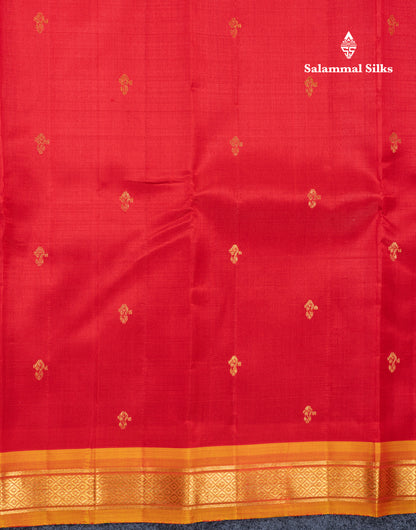Chilly Red Pure Kanjivaram Silk Saree With Contrast Mango Yellow One Side Traditional Border