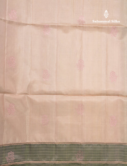 Beautiful Cream Sandal Pure Kanjivaram Soft Silk Saree With Contrast Army Green Border