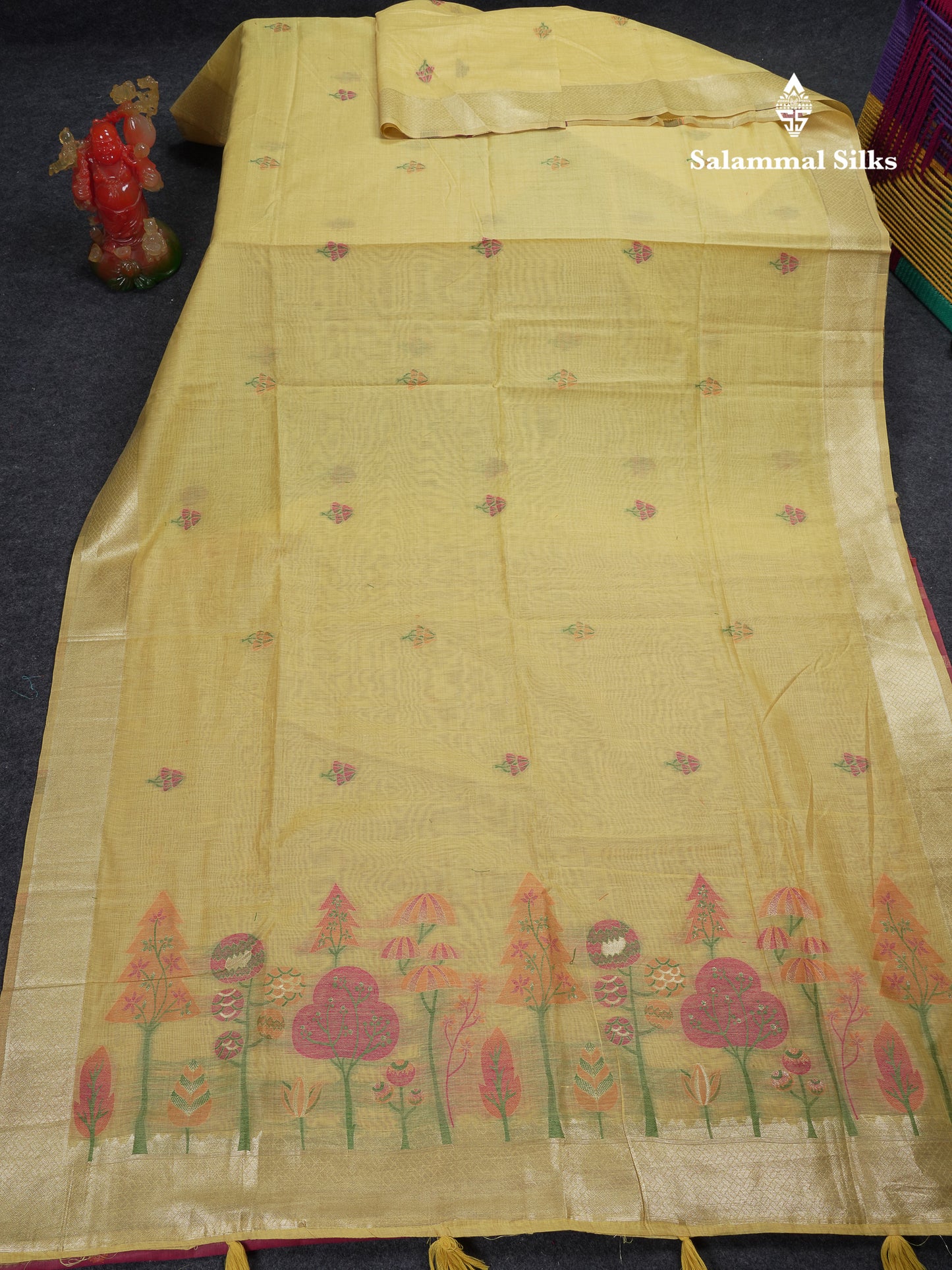 Beautiful Cream Sandal Muga Cotton Saree With Contrast Black Blouse