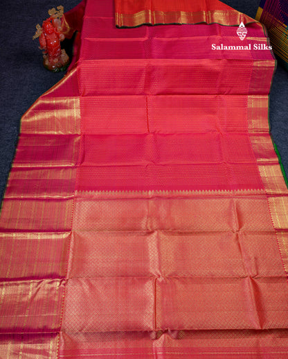 Beautiful Dual Tone Pinkish Orange Pure Kanjivaram Silk Saree With Contrast Green Blouse