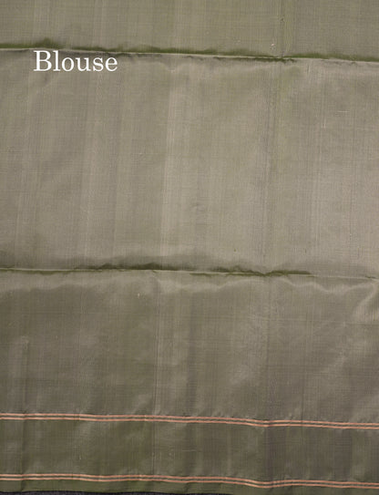Beautiful Cream Sandal Pure Kanjivaram Soft Silk Saree With Contrast Army Green Border