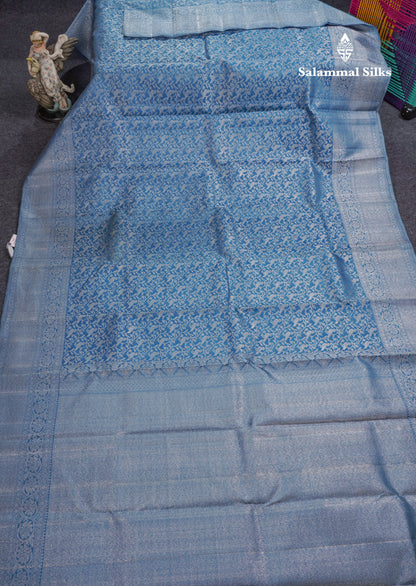 Olive Blue Bridal Kanjivaram Pure Silk Saree With Self Silver Zari Long Border