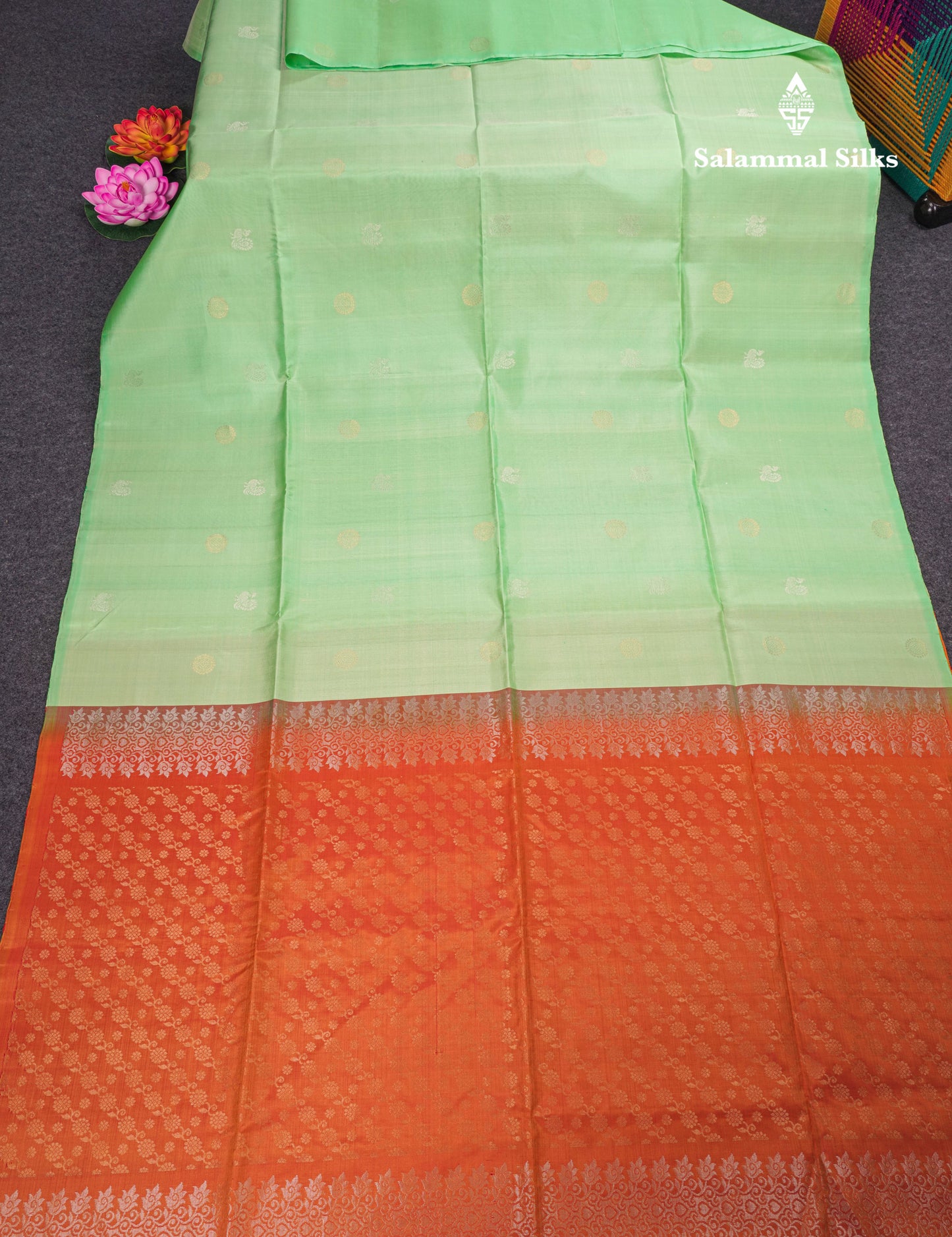 Beautiful Light Green Pure Kanjivaram Soft Silk Saree With Contrast Peach Orange Blouse