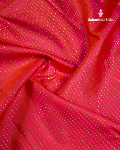 Beautiful Dual Tone Pinkish Orange Pure Kanjivaram Silk Saree With Contrast Green Blouse