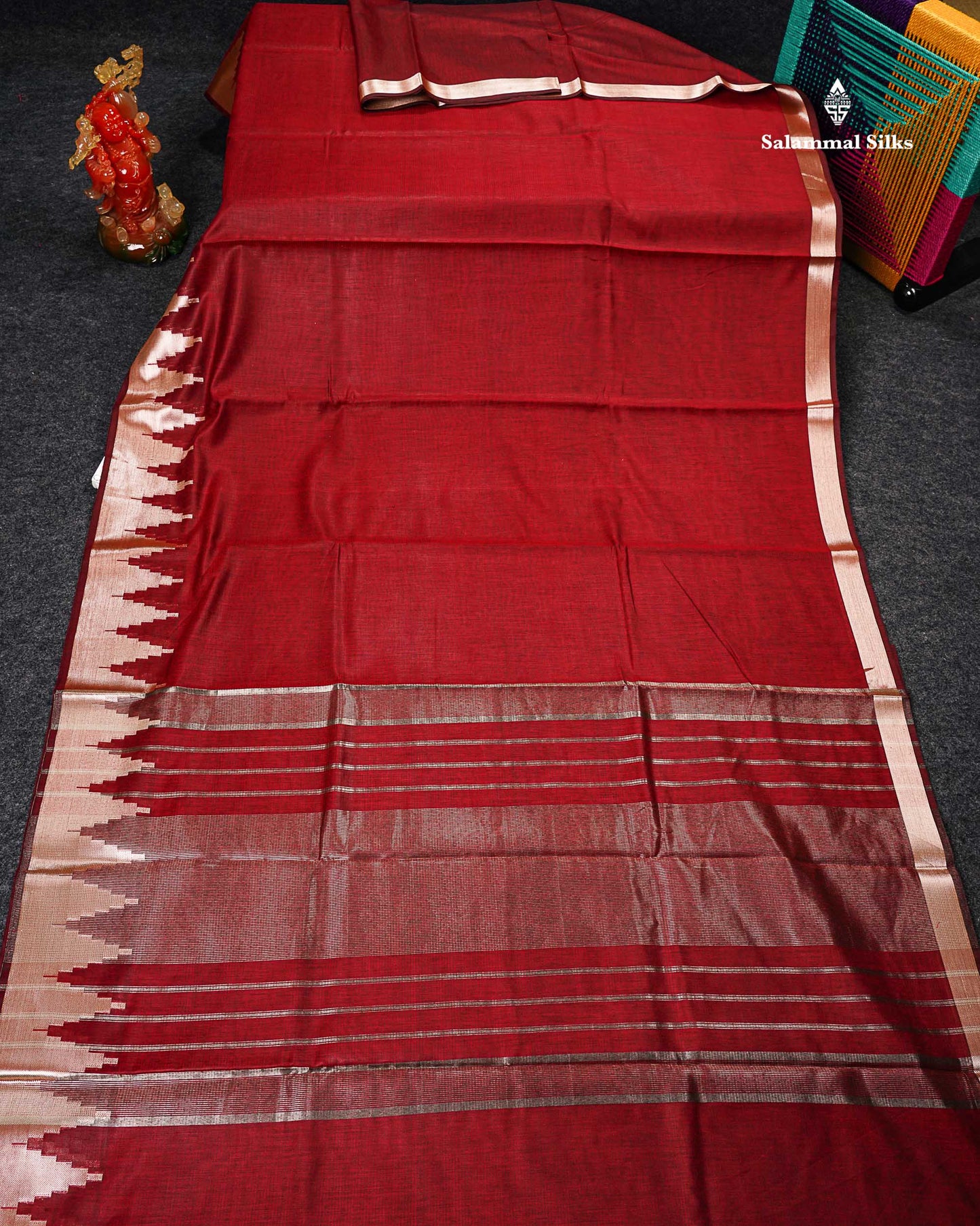 Cotton Mix - Maroon Plain Fancy Saree Along With Traditional Temple Border