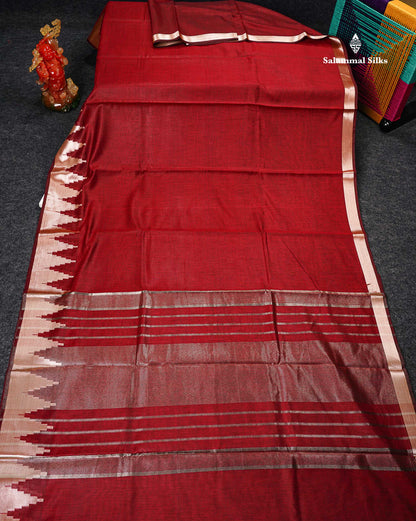 Cotton Mix - Maroon Plain Fancy Saree Along With Traditional Temple Border
