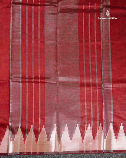 Cotton Mix - Maroon Plain Fancy Saree Along With Traditional Temple Border