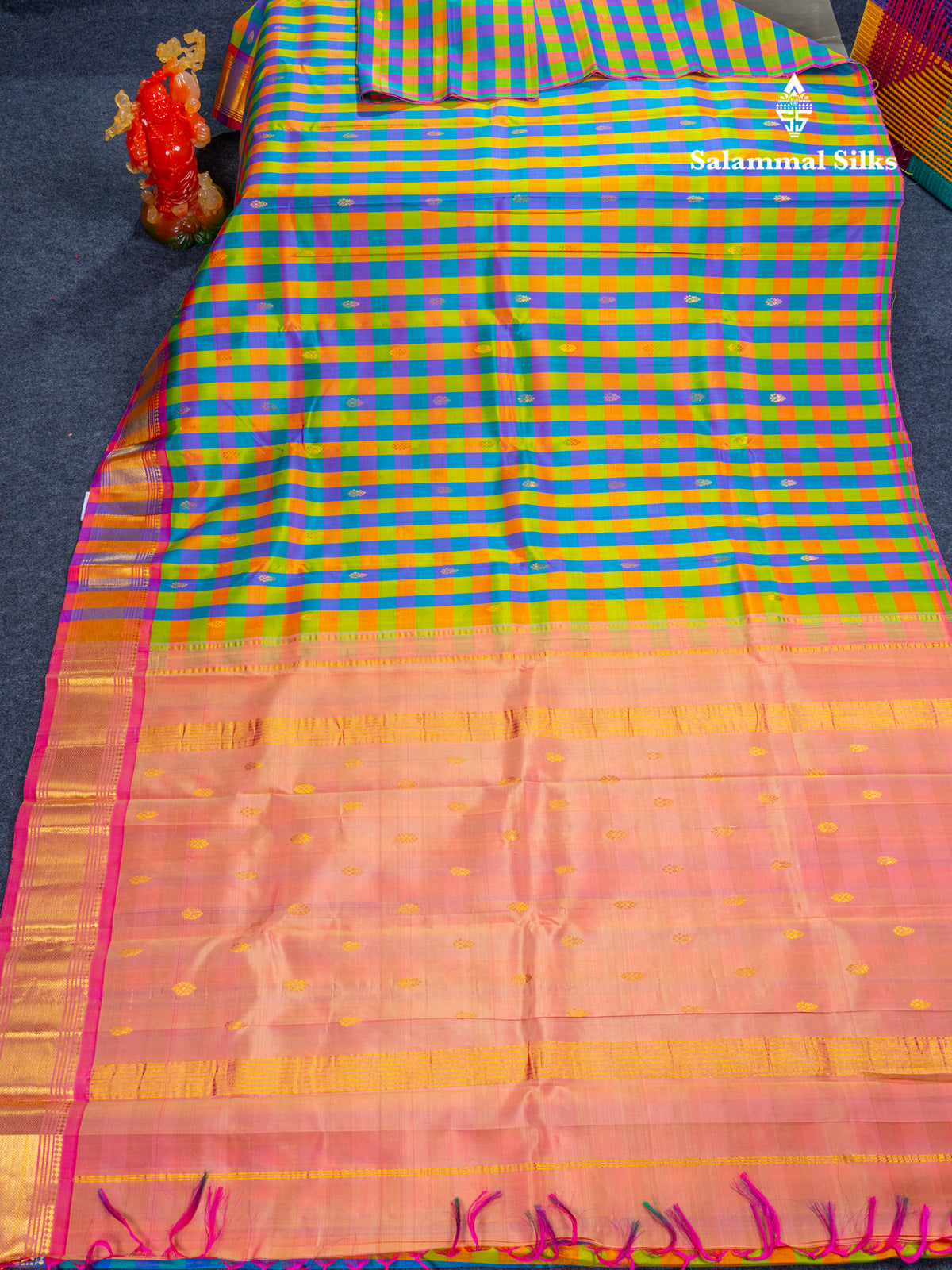 Multicolour Checks Pure Kanjivaram Silk Saree With Contrast Light Pink One Side Traditional Border