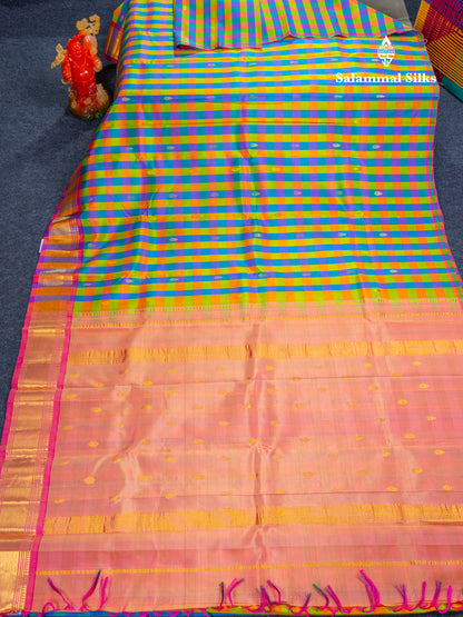 Multicolour Checks Pure Kanjivaram Silk Saree With Contrast Light Pink One Side Traditional Border