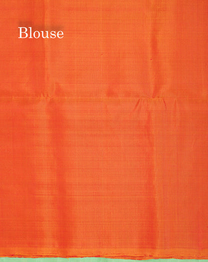 Beautiful Light Green Pure Kanjivaram Soft Silk Saree With Contrast Peach Orange Blouse