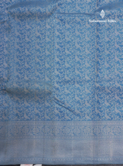 Olive Blue Bridal Kanjivaram Pure Silk Saree With Self Silver Zari Long Border