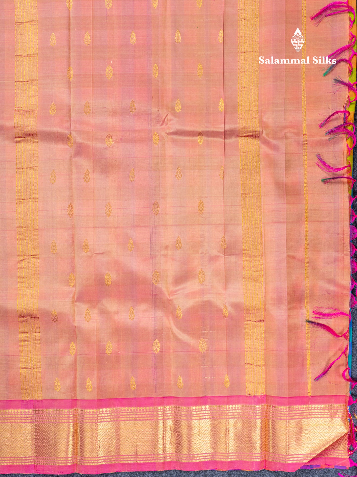 Multicolour Checks Pure Kanjivaram Silk Saree With Contrast Light Pink One Side Traditional Border