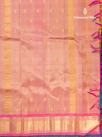 Multicolour Checks Pure Kanjivaram Silk Saree With Contrast Light Pink One Side Traditional Border