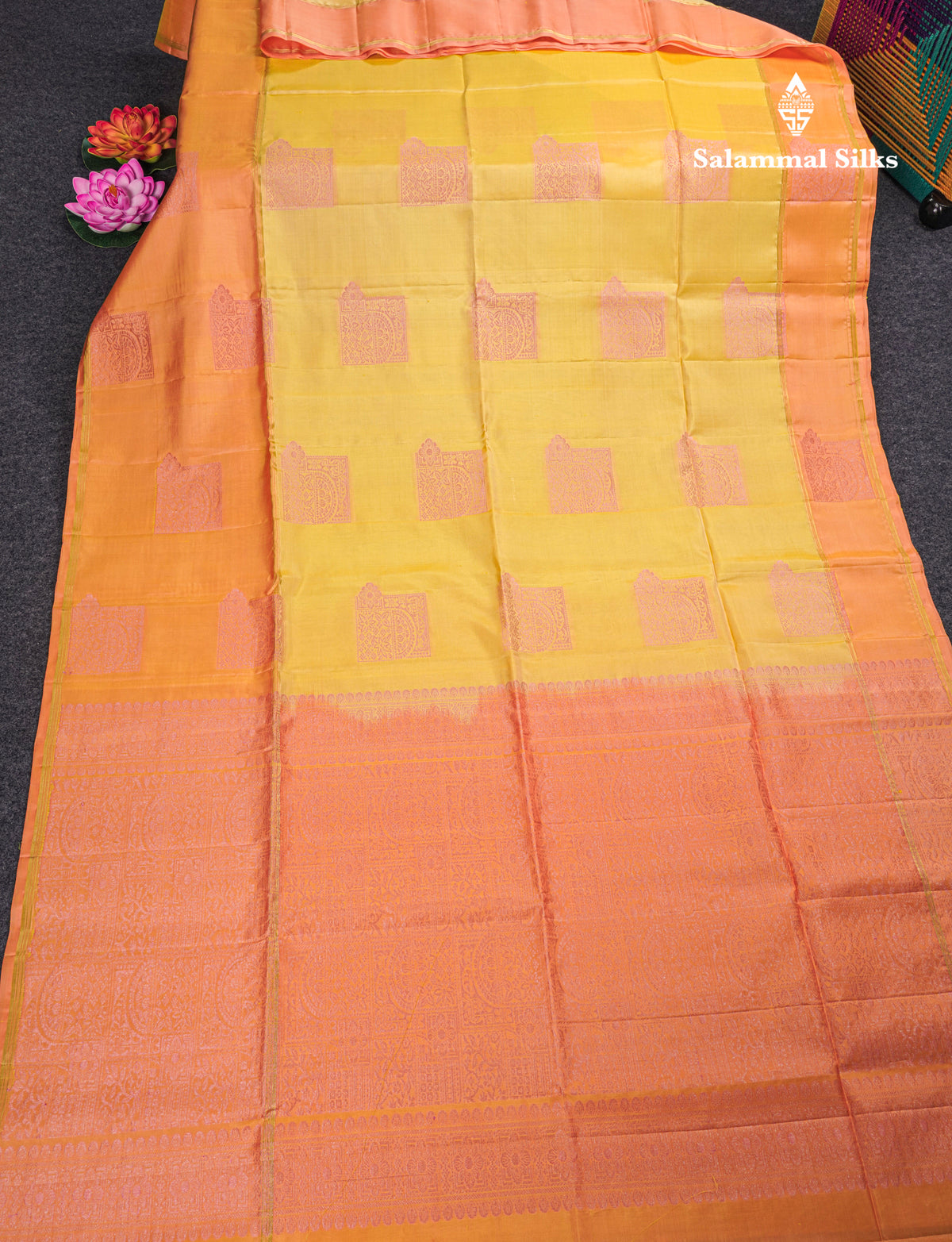 Beautiful Light Yellow Pure Kanjivaram Soft Silk Saree With Contrast Peach Border