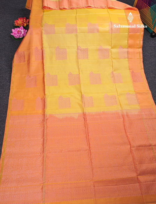 Beautiful Light Yellow Pure Kanjivaram Soft Silk Saree With Contrast Peach Border