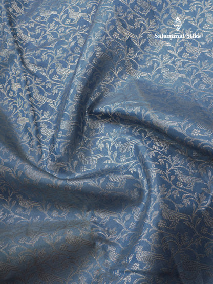 Olive Blue Bridal Kanjivaram Pure Silk Saree With Self Silver Zari Long Border