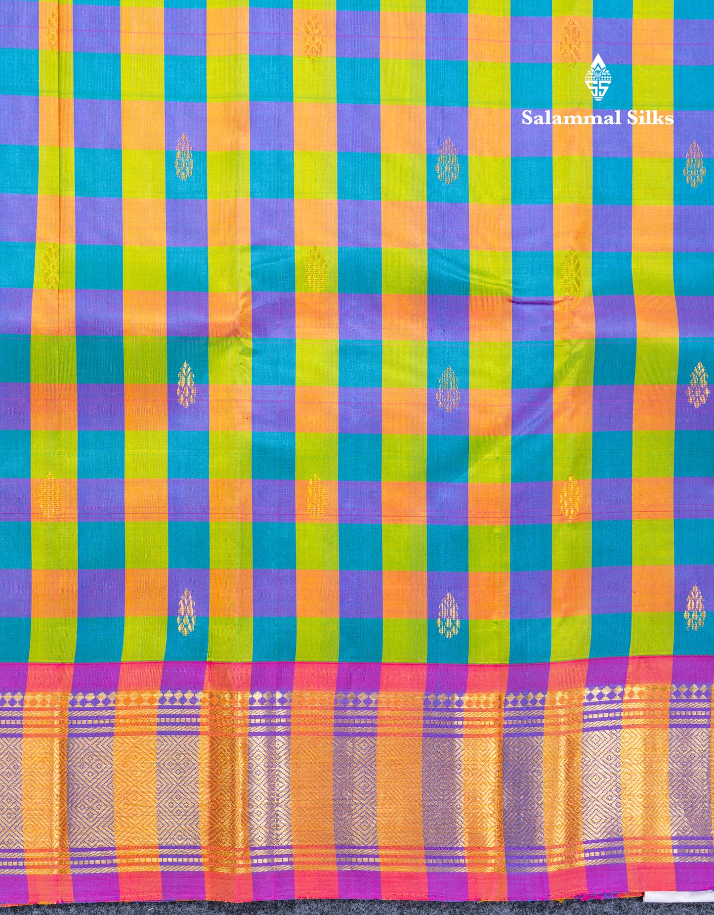 Multicolour Checks Pure Kanjivaram Silk Saree With Contrast Light Pink One Side Traditional Border